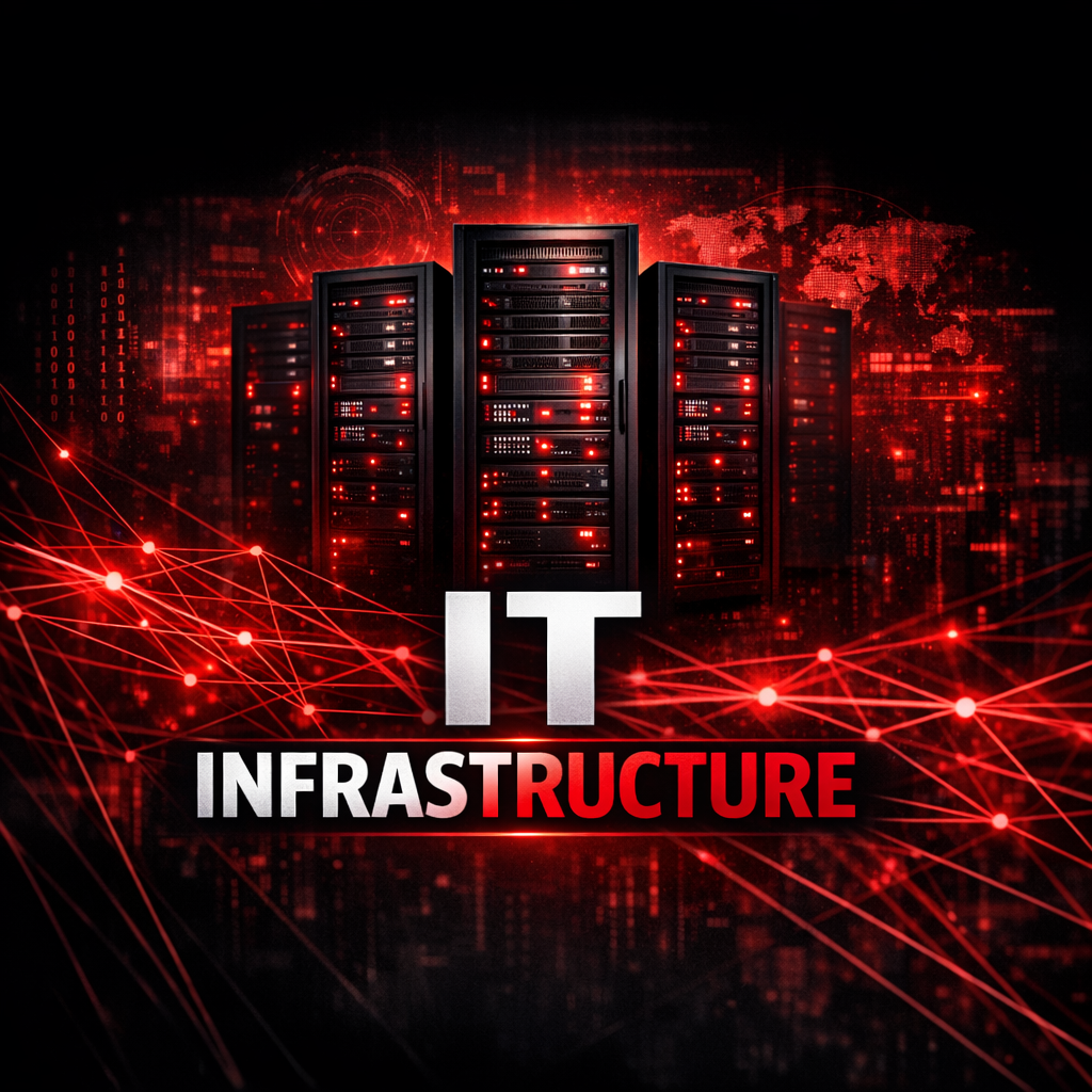 Server racks connected by red network lines beneath the words “IT Infrastructure.”