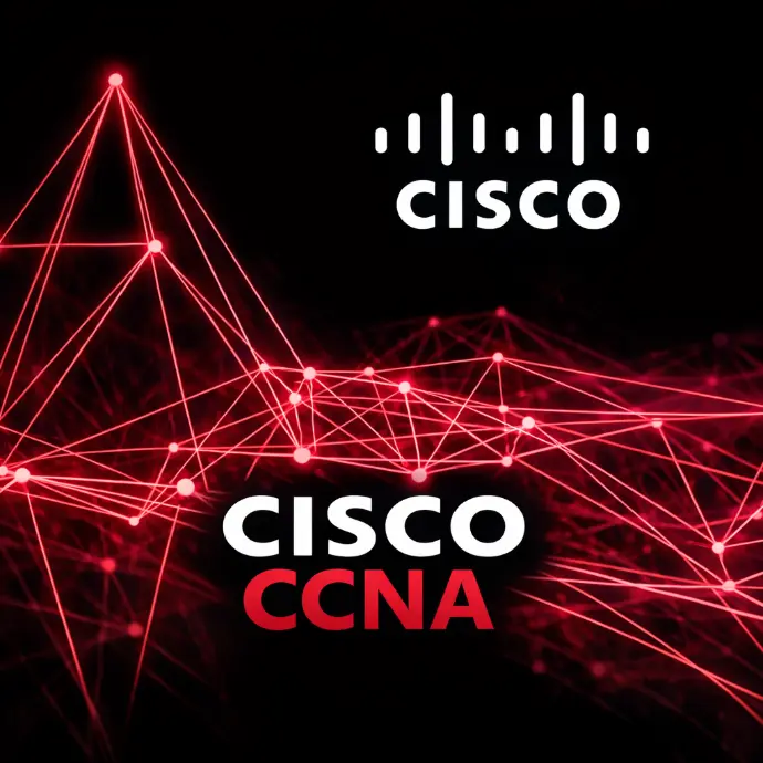 Cisco CCNA cover with the Cisco logo above a red network of connected nodes.
