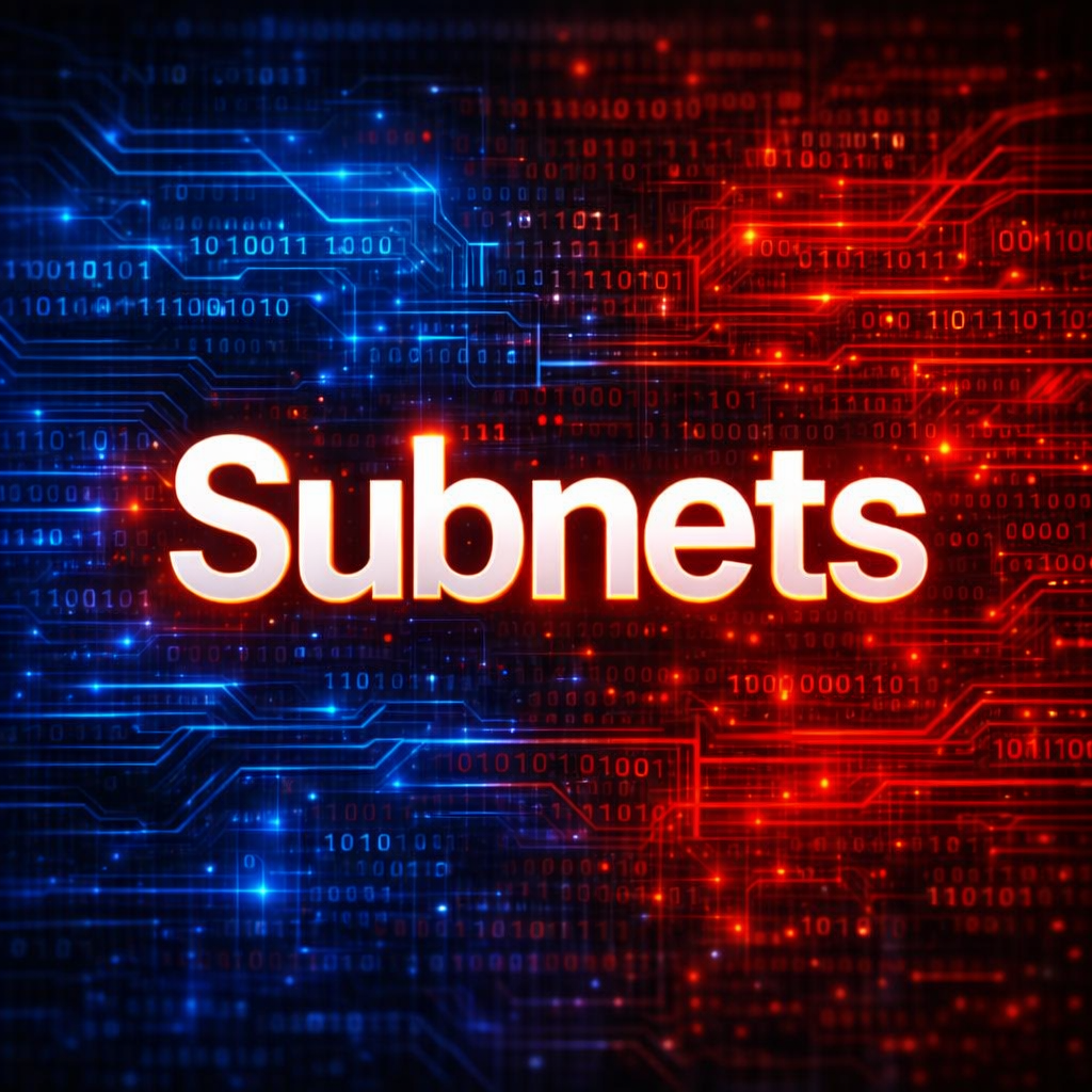 Subnetting course cover reading Subnets over a red-and-blue digital circuit background with binary digits.