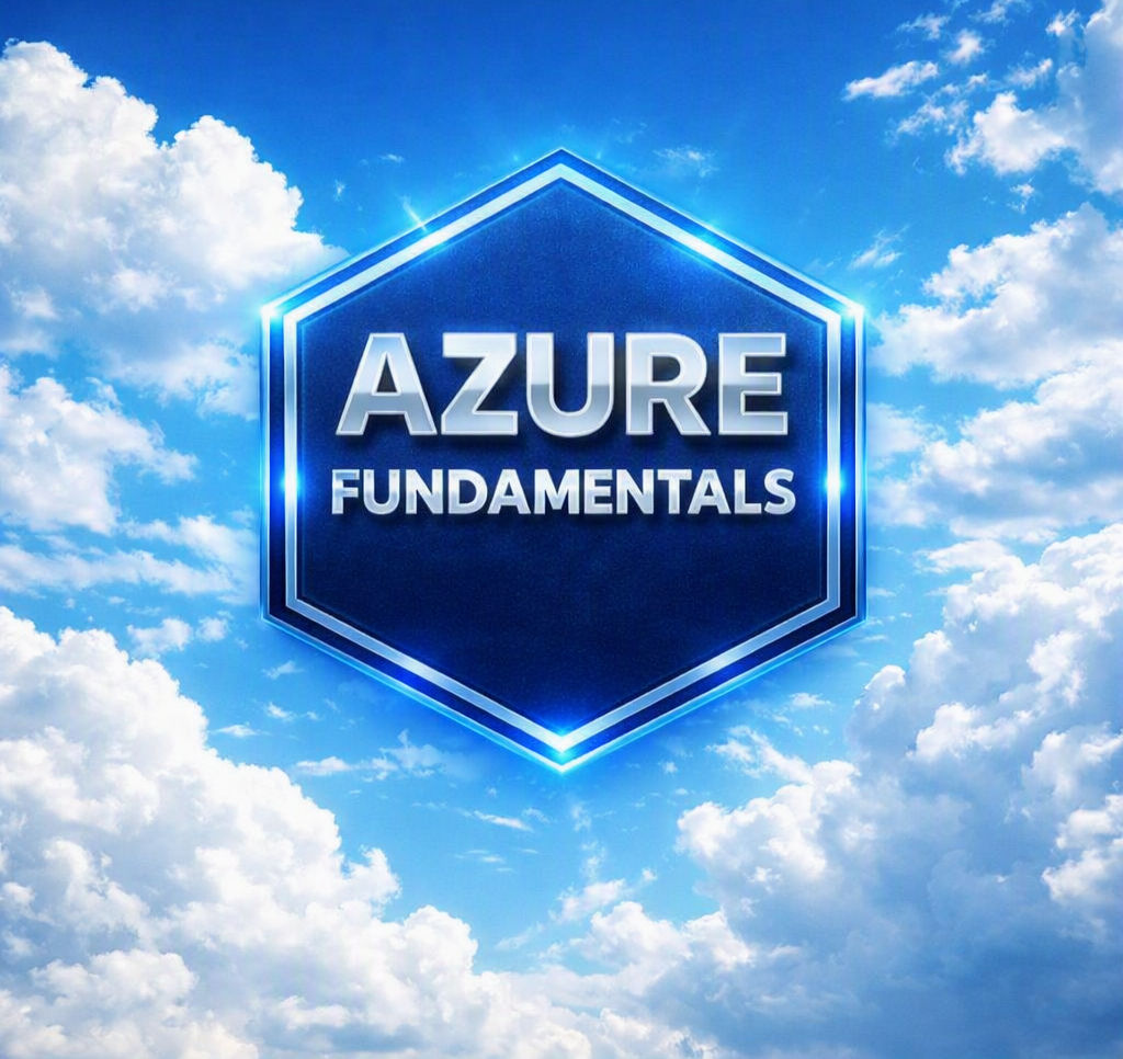 Azure Fundamentals course cover showing a blue hexagonal Azure Fundamentals badge floating among white clouds.