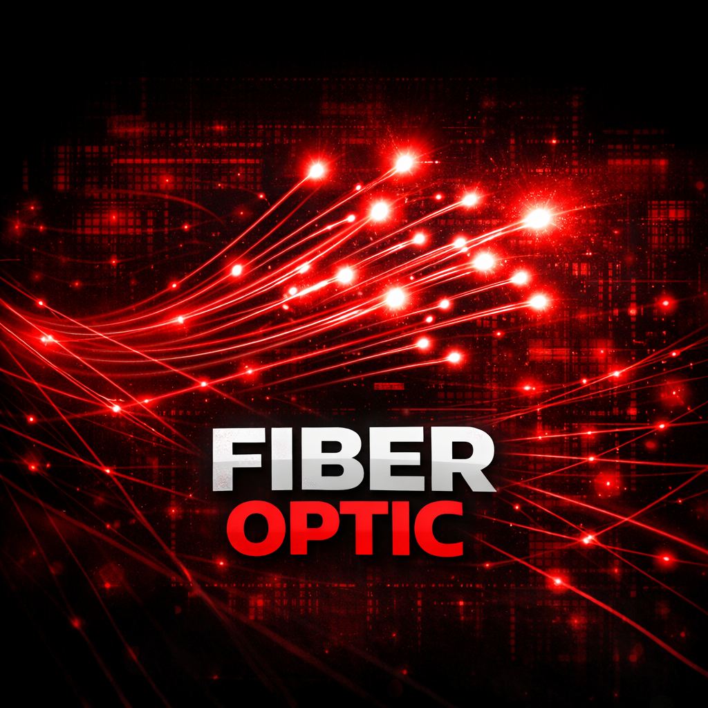 Fiber Optic course cover showing red glowing fiber strands and points of light crossing a dark digital network background.