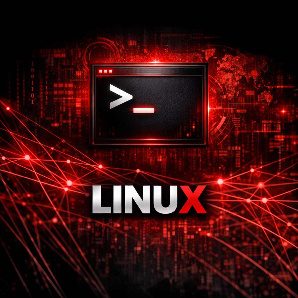 Linux course cover with a terminal prompt above red network lines and the word “Linux.”