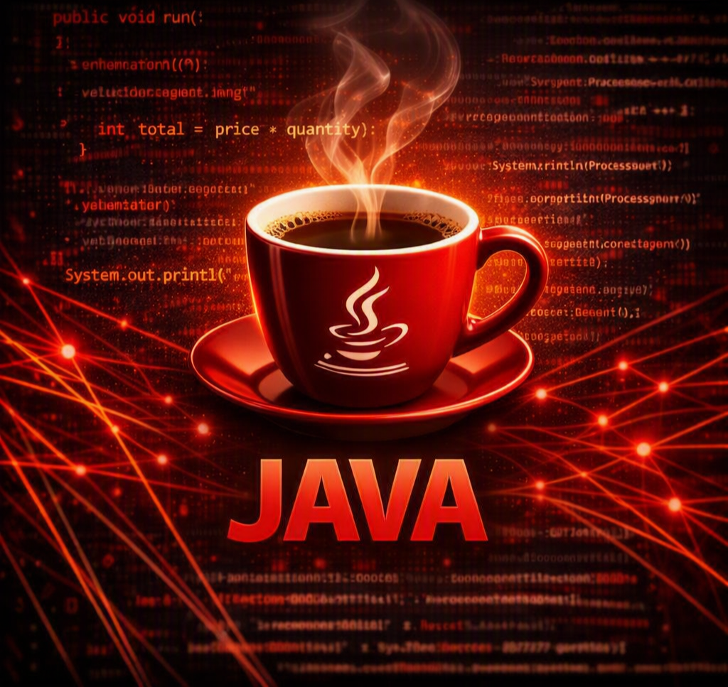 Java Foundations course cover showing a steaming red coffee cup with the Java logo over source code and red intersecting network lines.