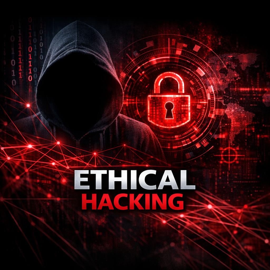 Ethical Hacking cover with a hooded figure, a red padlock interface, and connected red network lines.