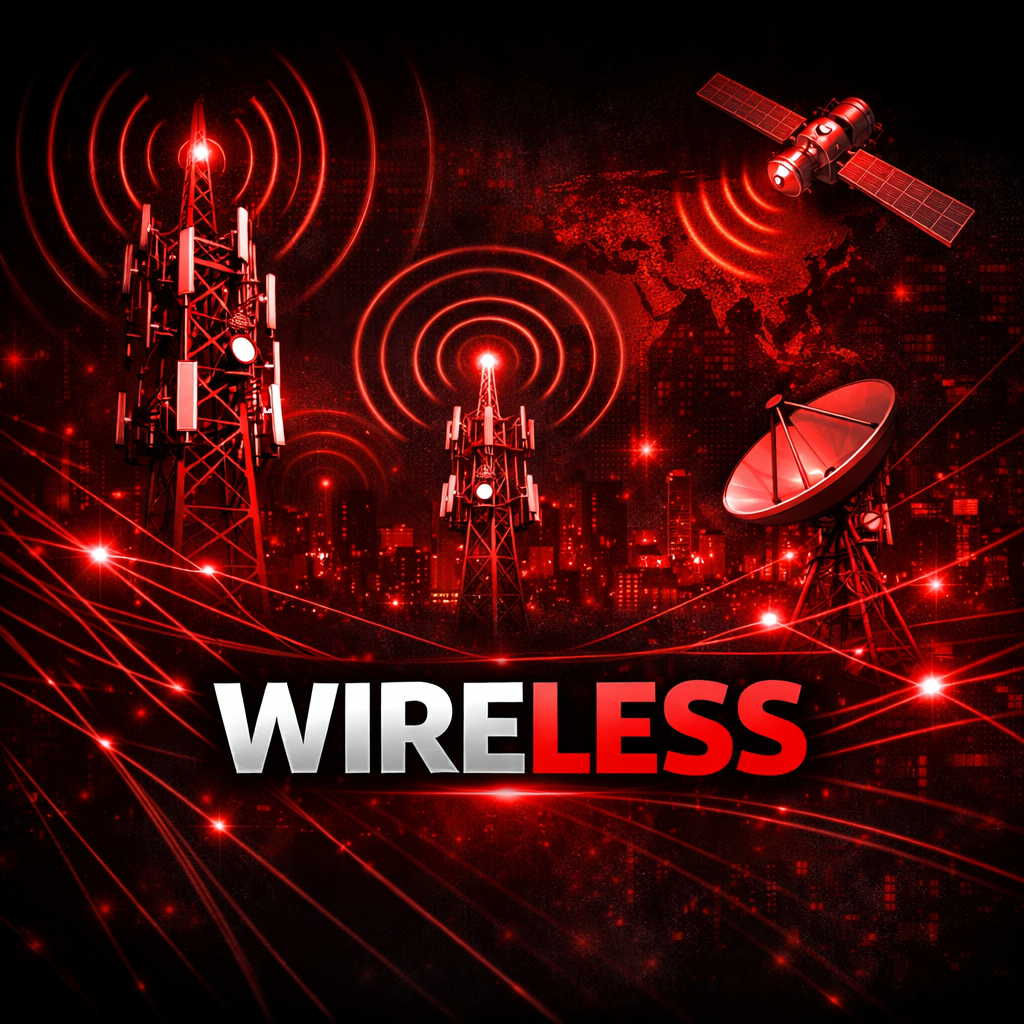 Wireless course cover showing radio towers, an antenna, a satellite, and a dish emitting signals above red network lines.
