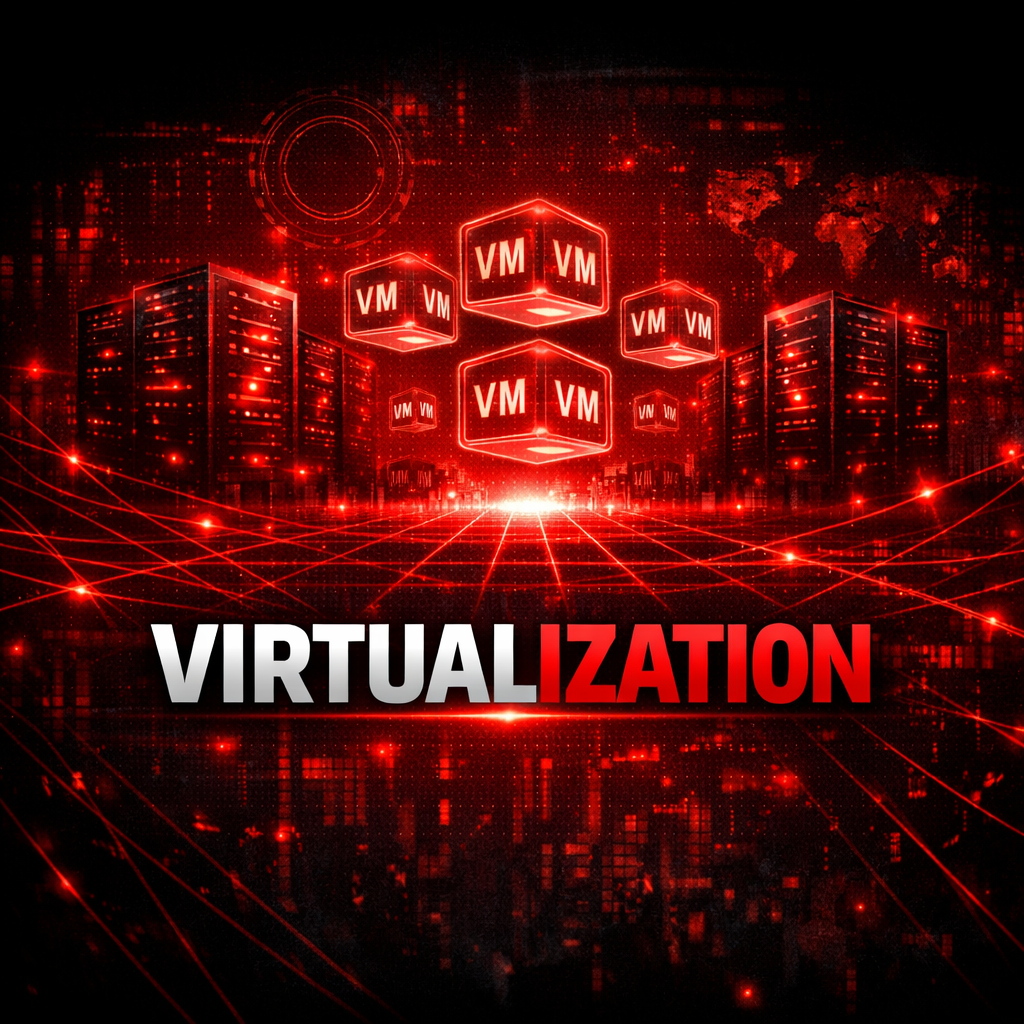 Red virtualization course cover showing glowing cubes labeled VM suspended between server racks above an interconnected grid, with a world map in the background.
